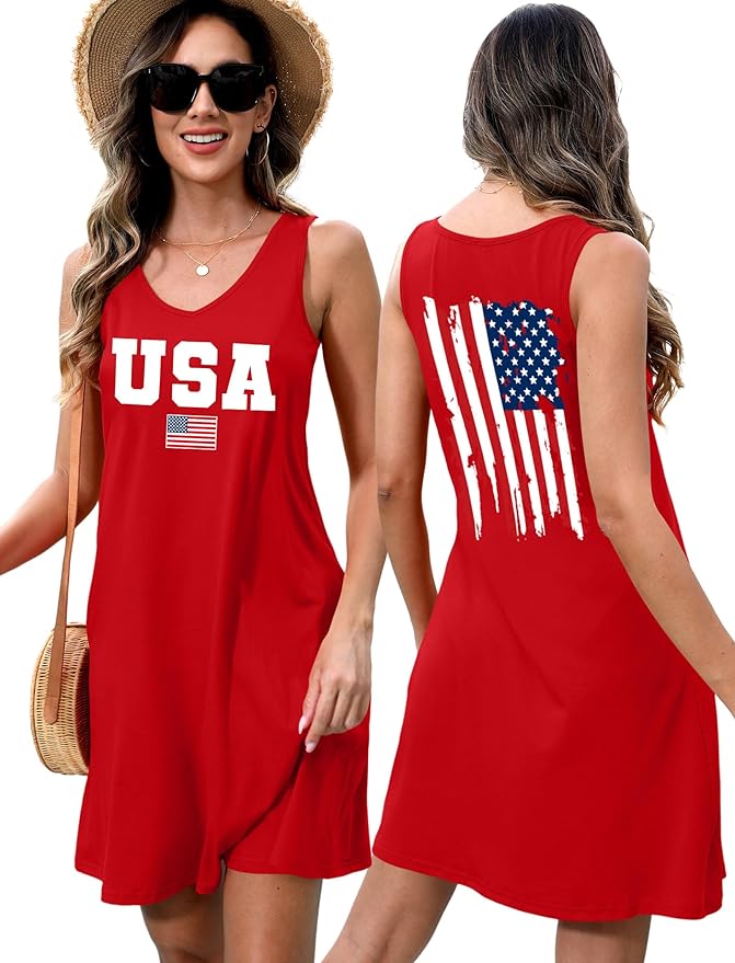 LHBNK 4th of July Dress for Women: American Flag Tank Dresses Star Striped Splicing Loose V Neck Sundresses