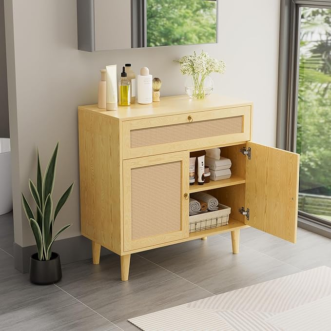 Storage Cabinet with Rattan Decor Doors & Drawer, Modern Bathroom Floor Storage Cabinet Organizer, Freestanding Cupboard for Kitchen/Living Room Use