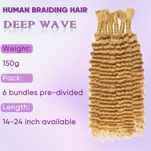 Human Braiding Hair 150g 20 Inch Boho Braids Human Hair Deep Wave Blonde Boho Hair For Braiding 6 Bundles/Pack No Weft Boho Human Braiding Hair Curly 27#