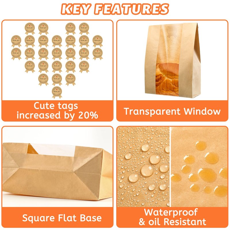 50 Pcs Bread Bags for Homemade Bread, Sourdough Paper With Window, 50% Thicker 13.7x8.2x3.7in A Large Bakery Bags Used for Storage Cookies & Snacks, 60 Cute Sealing Stickers With Ties