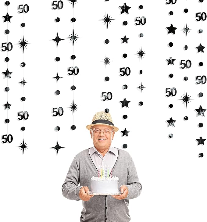Black 50th Birthday Decorations Number 50 Circle Dot Twinkle Star Garland Metallic Hanging Streamer Bunting Banner Backdrop for 50 Year Old Birthday Happy 50th Anniversary Fiftieth Party Supplies