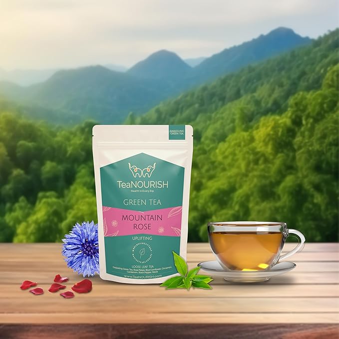 TeaNOURISH Mountain Rose Green Tea | Loose Leaf Tea | Blended with Rose Petals, Blue Cornflower & Cinnamon | 100% NATURAL INGREDIENTS | Brew Hot or Iced Tea - 1.76oz/50g