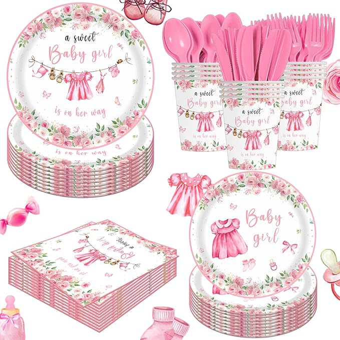 140pcs Greenery Gender Reveal Baby Shower Plates And Nnapkins Supplies Party Boho Greency Party Decorations Tableware Set Dessert Plates Napkins Forks for 20 Guests (Pink)