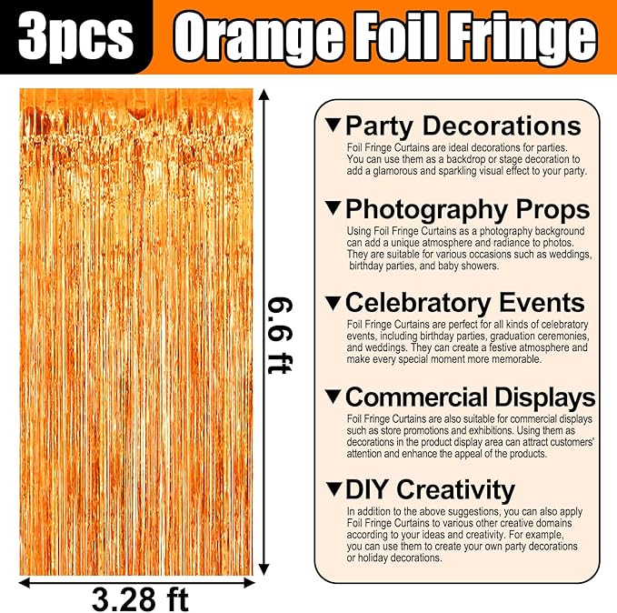 3 Pack Orange Foil Fringe Curtain Backdrop, 3.28Ft x 6.6Ft Metallic Tinsel Foil Fringe Streamer Curtains for Photo Booth, Christmas Day, Thanksgiving, Wedding, New Year Party Decorations