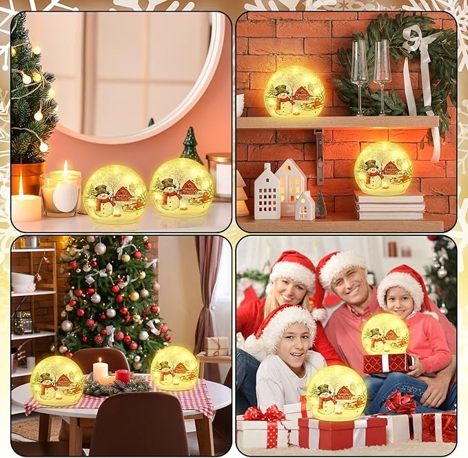 2 Pcs Christmas Decorations Indoor Snowman Crackle Glass Globe 4" Ball Lamp Night Lights with LED Timer Battery Operated Lighted Christmas Table Decorations for Home Centerpiece Party Gift