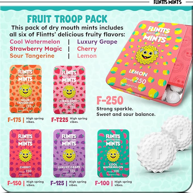 Flintts Mints Fruit Troop – Sugar Free Mouthwatering Mints for Dry Mouth Relief & Freshness – Vegan Oral Health Support with Sparkle Effect – Pocket Travel Saliva Substitute, Lozenges Alternative