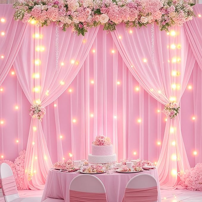 20 x 10ft Pink Backdrop Curtains with Lights String for Valentine’s Day Photo Backdrop Drapes Wrinkle Free Polyester Curtain Backdrop for Girls Birthday Party Wedding Reception Baby Shower-5 x 10ft 4P
