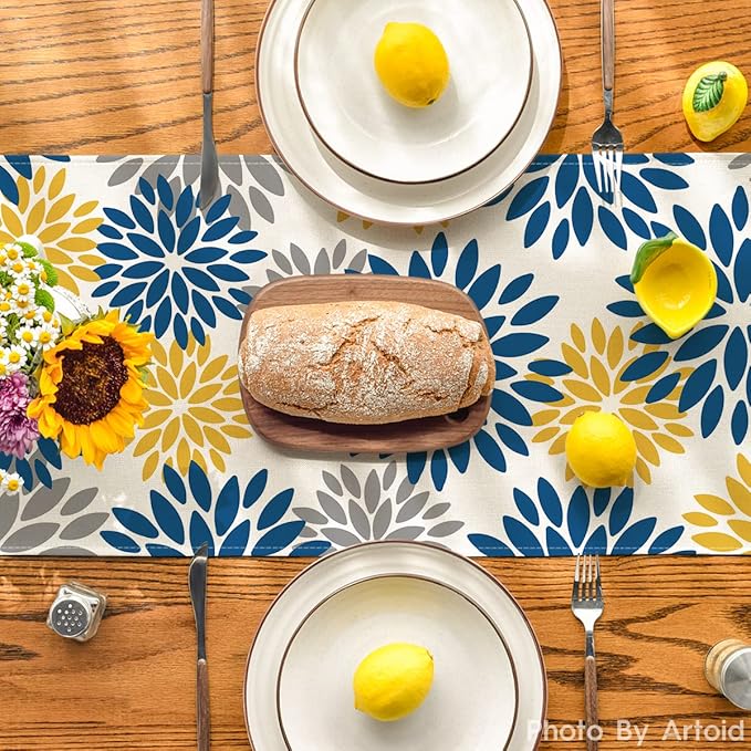 Artoid Mode Blue Dahlia Floral Pinnata Summer Table Runner, Spring Kitchen Dining Table Decoration for Home Party Decor 13x60 Inch