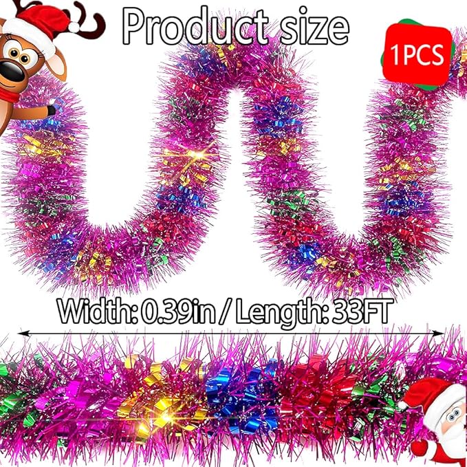 33Ft Long Tinsel Twist Garland Shiny Thick Metallic Foil Xmas Tree Decorations for Birthday Party Christmas New Year Parties Parade Floats and Other Holidays Hanging Decor Supplies-(Colours+Pink)