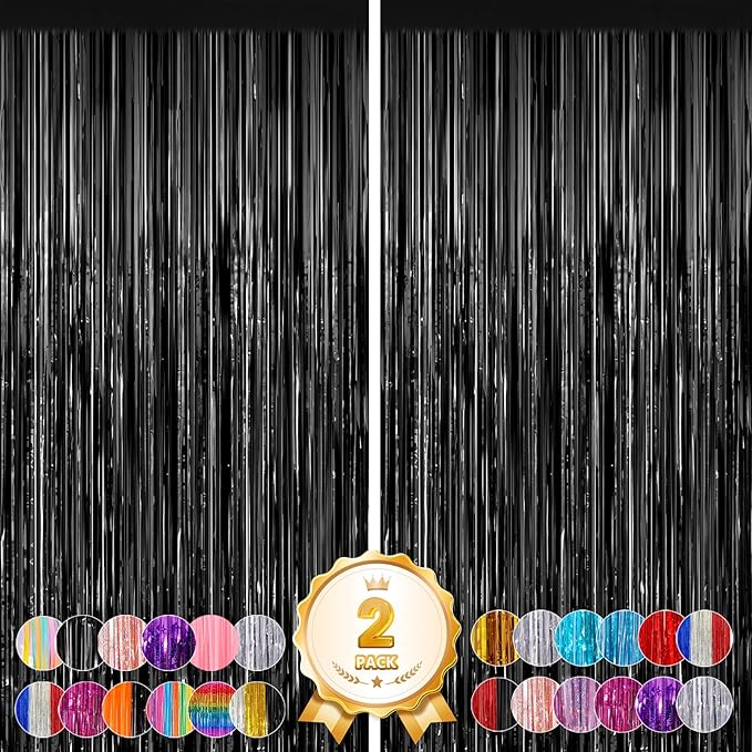 Black Foil Curtain Backdrop 2Pack Black Metallic Tinsel Fringe Curtains Photo Booth Props for Birthday Wedding Engagement Baby Shower Bachelorette Xmas Holiday Celebration Graduation Party Decorations
