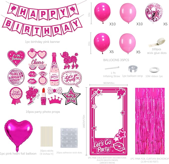 Birthday Decorations for Women,Happy Birthday Banner, 35 Balloons,Photo Booth Props for Girls (Hot Pink)