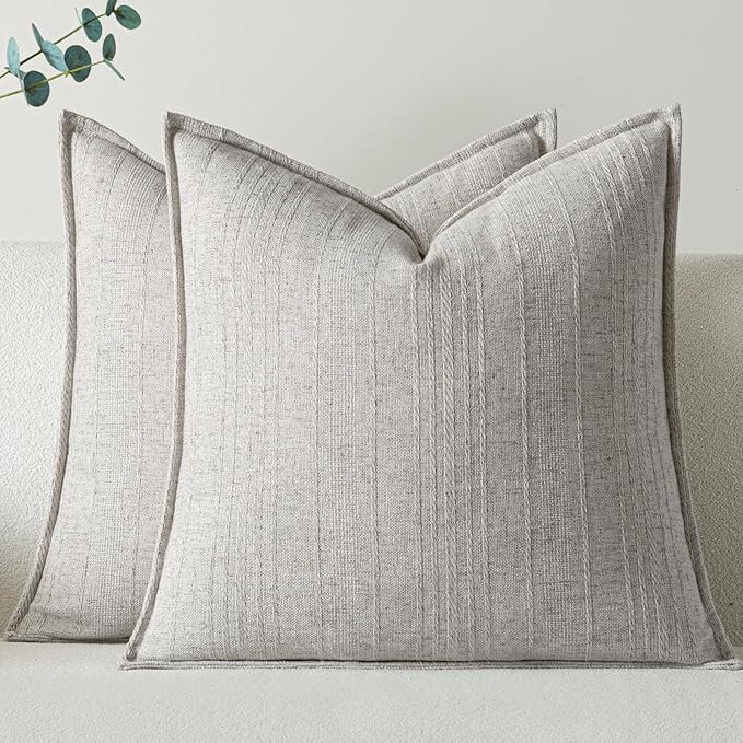 a moment Linen Pillow Covers Set of 2,Boho Farmhouse Throw Pillowcases Neutral Textured Decorative Covers for Couch Sofa Bed, Soft Linen Blend Accent Case Cushion Home Decor 18"x18" Beige Grey