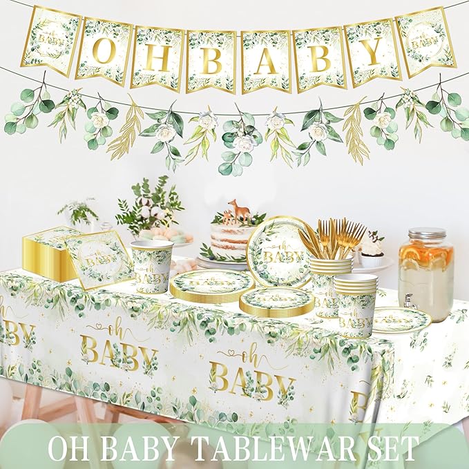 Sage Greenery Baby Shower Plates and Napkins Tableware Set Gender Neutral Baby Shower Decorations Oh Baby Plates and Cups and Napkins Sets Serves 24 for Baby Girl Boy Shower Decorations