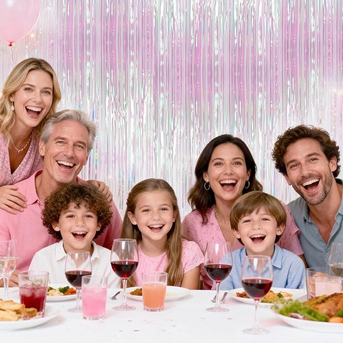 jijAcraft 3 Pack Iridescent Pink Tinsel Foil Fringe Curtain, Party Photo Backdrop, Holographic Pink for Mermaid Party Birthday Graduation Engagement Bridal Shower Bachelorette Baby Shower Decor