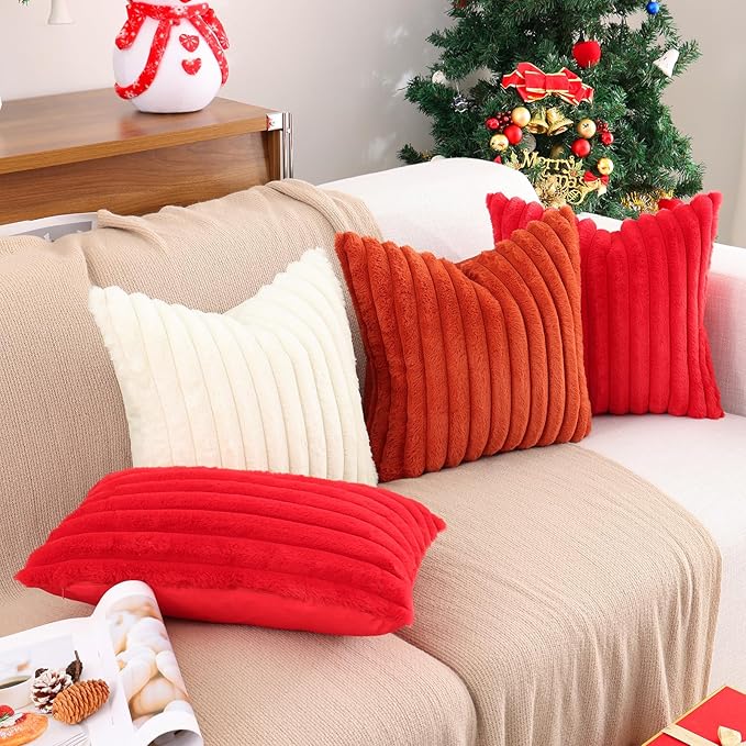Pallene Faux Fur Plush Christmas Throw Pillow Covers 18x18 Set of 2, Luxury Soft Fluffy Striped Decorative Pillow Covers for Sofa, Couch, Living Room, Red