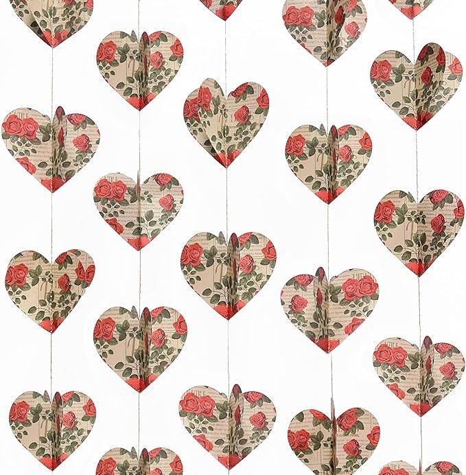 Heart Party Decorations Vintage Red Rose 3D Love Heart Newspaper Hanging Floral Recycled Book Garland Streamer Banner for Valentines Day Anniversary Birthday Wedding Engagement Holiday Party Supplies