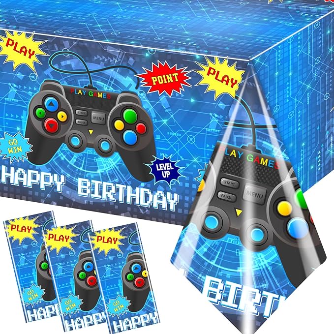 Gamer Birthady Party Decorations Tablecloth,3pcs Blue Video Game Table Cover Gaming Birthday Plastic Tablecloth for Boys Birthday Game Theme Party