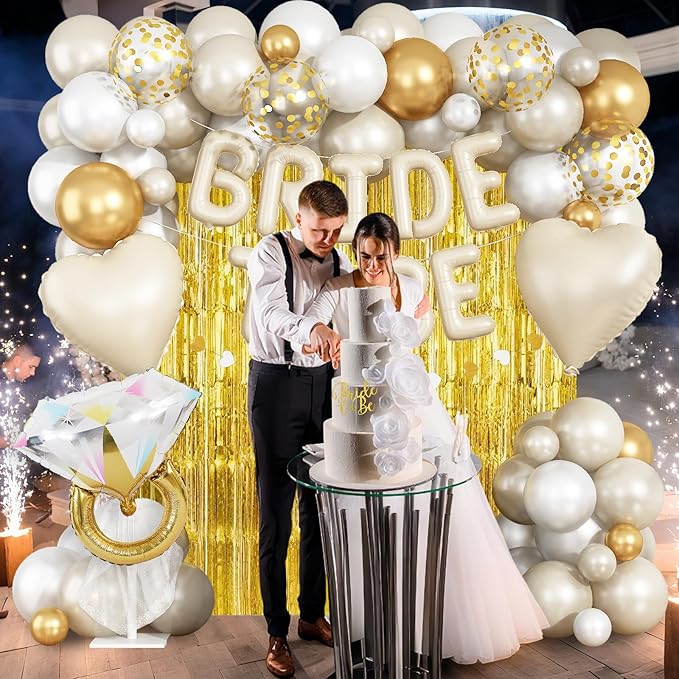 Cream Gold Bachelorette Party Decorations, Bride To Be Mylar Foil Letter Balloons with White Gold Balloons Diamond Ring and Cream Heart Balloon for Bridal Shower Decoration Engagement Hen Party Decor