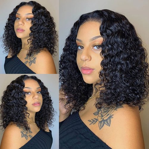 Sol Soal 12 inch Water Wave Human Hair Deep Curly Short Bob Lace Front Wigs 13x4 Transparent Lace Frontal Wigs for Black Women Glueless Wet and Wavy Lace Front Wigs Human Hair