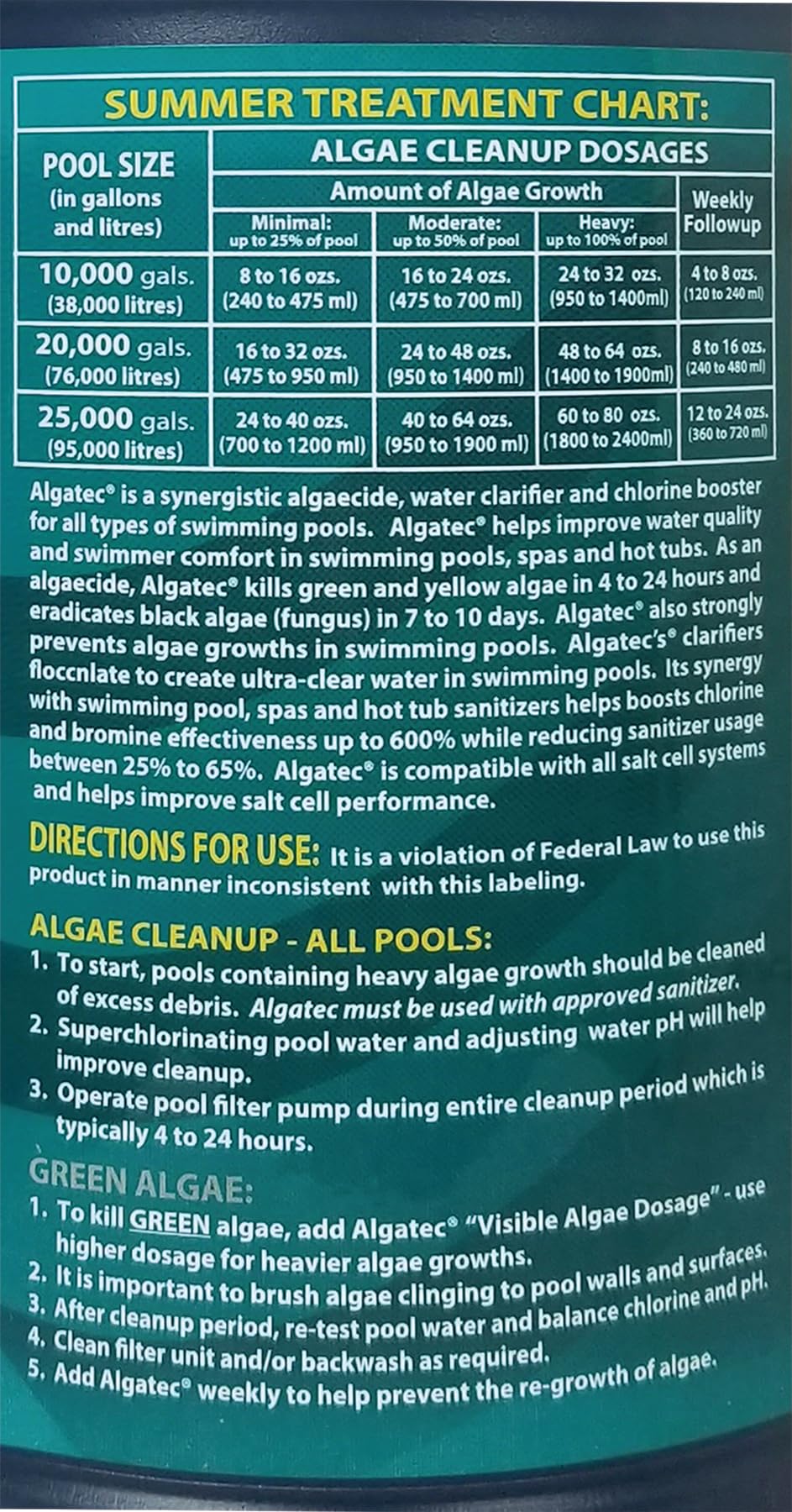 Algatec Super Algaecide-Clarifier, 64 Fl. Oz Bottle