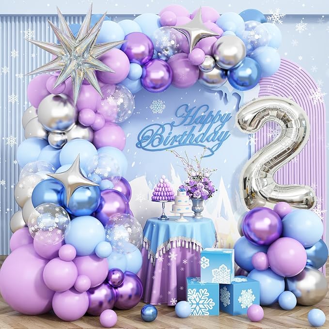 Snow 2nd Birthday Decorations Girl, Snowflake Balloon Garland Arch Kit, Laser Explosion Star Balloons, Silver Number 2 Balloon Tower for Baby Shower Girls 2nd Snow Theme Party Supplies