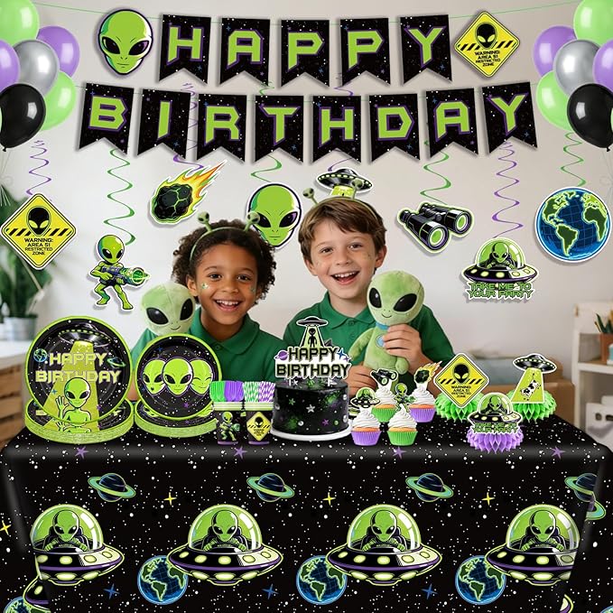 220 Pcs Alien Birthday Party Decorations Tableware Set - Service 25 Guests - Includes Banner, Cake Topper, Balloons, Plates And Napkins Paper Cup - For UFO Theme Party
