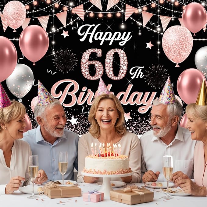 60th Birthday Decorations for Women - Happy 60th Birthday Banner Decorations Cheers to 60 Years Birthday Party Indoor and Outdoor Decoration Suppiles Pink Backdrop for 60th Birthday Party Favors Decor