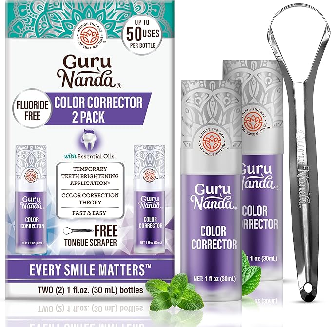 GuruNanda Purple Color Corrector Serum, Fluoride-Free & Gentle, Instant Teeth Whitening, with Essential Oils, Up to 50 Uses, 2 Pack
