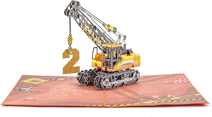Liif Crane Truck Happy 2nd Birthday Card,3D Greeting Pop Up Card For Age 2,Two Years Old,For Kids, Boy, Nephew, Grandson, Toddler,With Message Note & Envelop,Size 7x5 Inch
