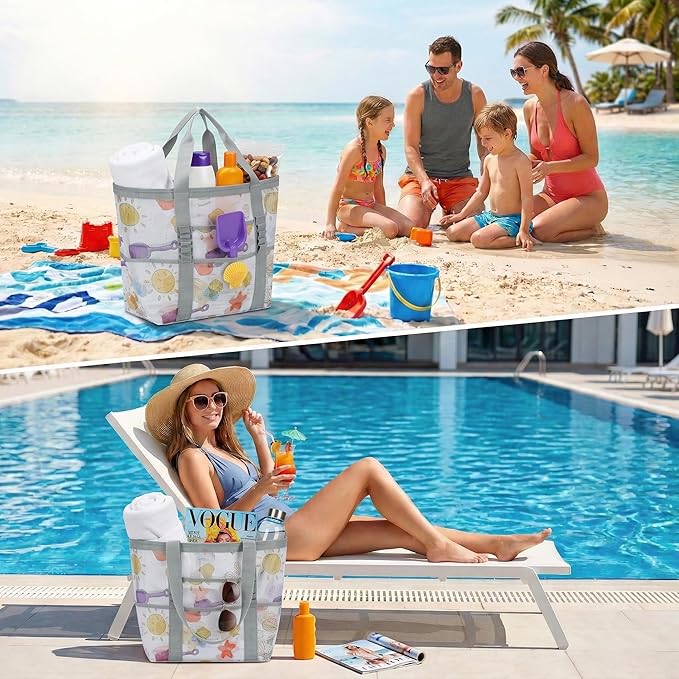 Mesh Beach Bags for Family - Women Beach Tote Bag for Toys, Towels, Travel Vacation Cruise Essentials