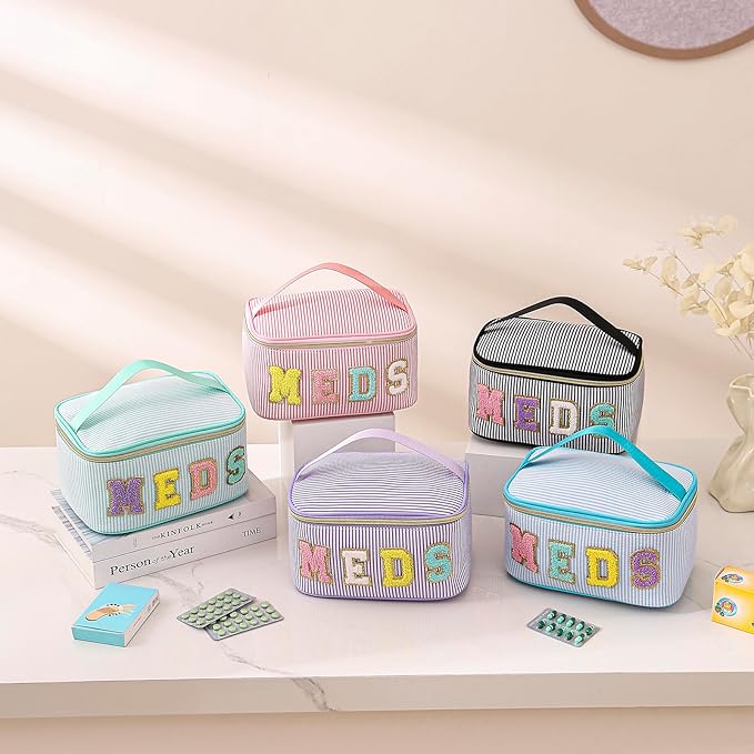 Chenille Letter MEDS Makeup Bag,Large Size Striped Medicine RX Cosmetic Bag with Top Handle, Aesthetic Seersucker First Aid Travel Organizer Bag for Women Girls(01Blue)