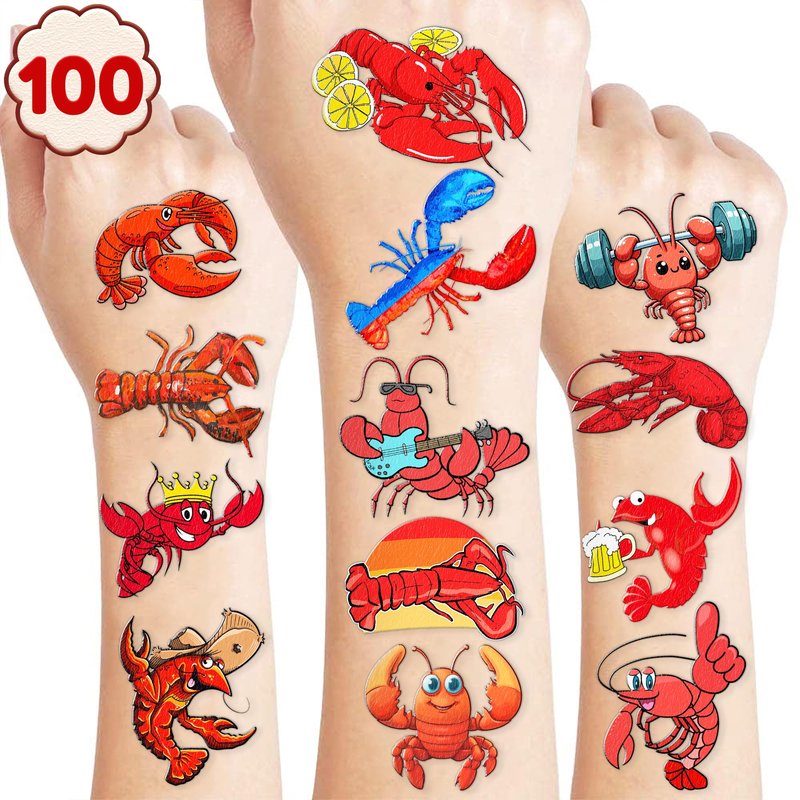 100 PCS Crawfish Temporary Tattoos (10 Sheets) - Cute Lobster Party Favors & Seafood Decorations for Kids, School Carnival Supplies
