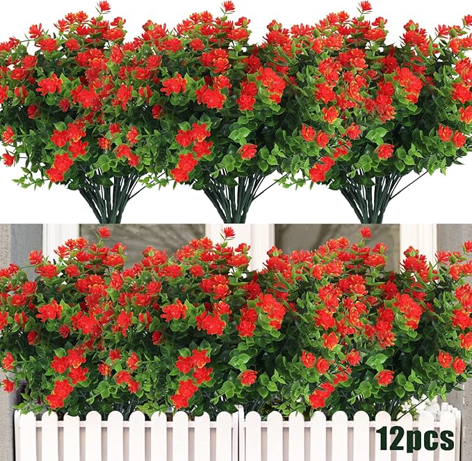 RECUTMS 12 Bundles Artificial Fake Flowers, Faux Outdoor Plastic Plants UV Resistant Shrubs Outside Indoor Decorations,UV Resistant Faux Plastic Plants Garden Porch Window Box (Orange Red)