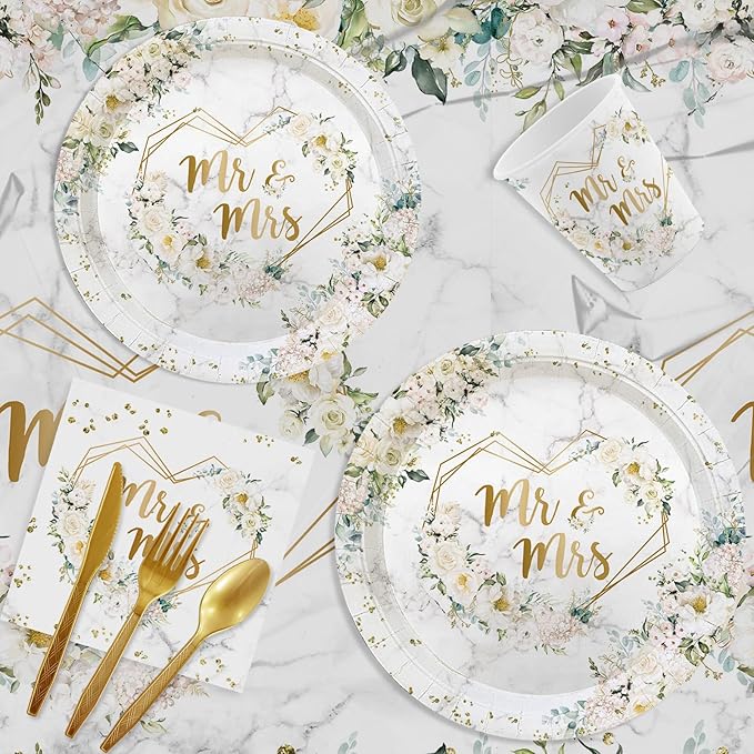 MEHOFOND 193 pcs White Wedding Party Decorations, Mr and Mrs Paper Plates Cup and Nakpins Set, Floral Wedding Disposable Dinnerware with Tablecloth, Bridal Shower Disposable Party Supplies, 24 Guests