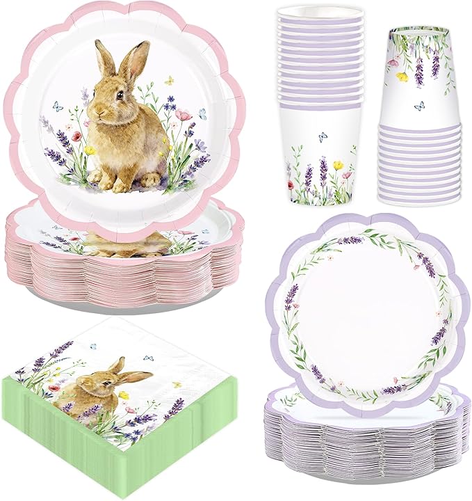 250Pcs Easter Bunny Party Decorations Scalloped Watercolor Bunny Floral Plates Napkins Cups Disposable Cute Rabbit Flowers Tableware Set for Easter Spring Holiday Party Supplies Serves 50