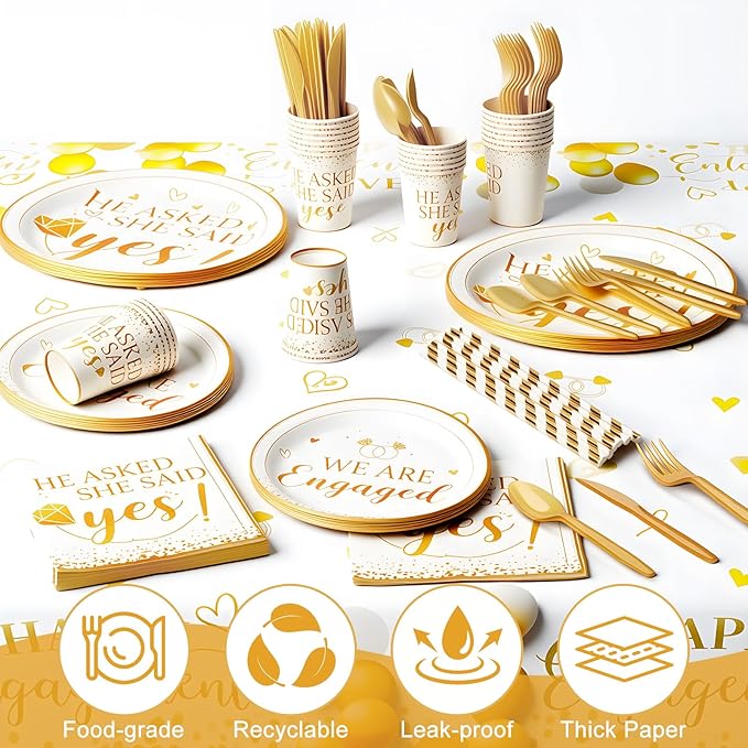 Engagement Party Decorations, Happy Engagement Party Supplies Kit, He Asked She Said Yes Paper Plates Napkins Disposable Dinnerware Tablecloth Backdrop for Wedding Proposal Party Decor, Serve 20