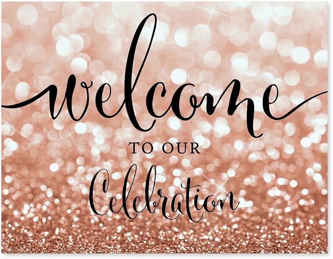 Andaz Press Baby Shower Party Signs, Glitzy Rose Gold Glitter, 8.5x11-inch, Welcome to our Celebration, 1-Pack, Bokeh Colored Party Supplies