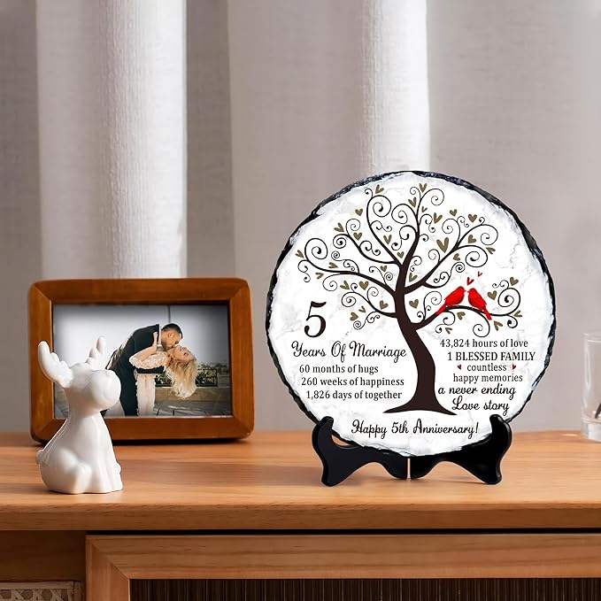 Wood Anniversary Slate Plate – 5th Wedding Gifts for Parents & Couples – Unique 5th Anniversary Wedding Gift Ideas – 5 Years of Marriage Decoration, Keepsake, Slate