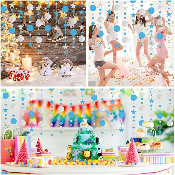 JOYIT 78ft Blue & Silver Glitter Garland – 6 Pack Twinkle Star & Circle Party Decorations for Birthday, Baby Shower, Wedding, Graduation, Space Themed Events & Holiday Backdrops (Star & Circle)