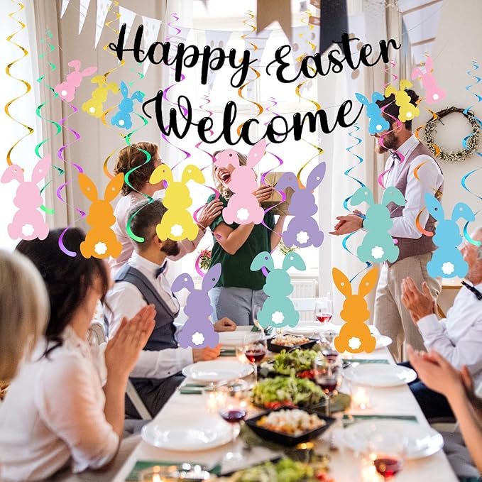 Easter Hanging Swirl Decoration 26 Pcs Easter Decoration Happy Bunny Hanging Swirl Foil Banner Garland Bunny Party Decorations Glitter Colorful Cute Party Ornaments for Ceiling Home Office Wall
