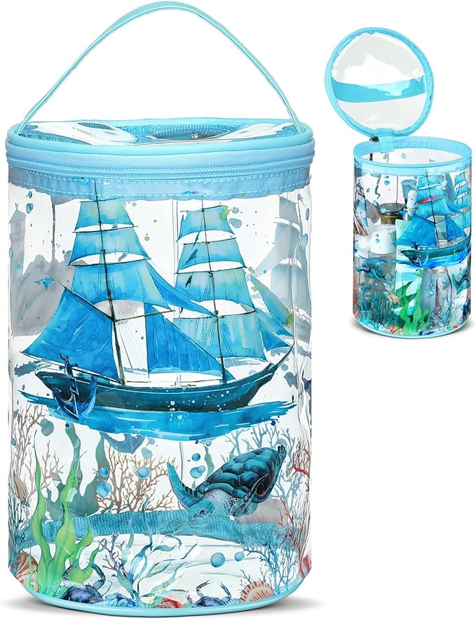 Sanwuta Beach Gifts Heavy Duty Clear Lotion Toiletry Bags for Travel Sunscreen Makeup Cosmetic Pouch Cylinder Bag Waterproof Portable Trip Bag with Handle Zipper(Sailboat)