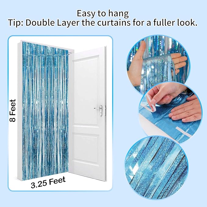 Blue Streamers for Party Decorations - 3 Pack 3.3ft x 8.3ft Tinsel Curtains for Bluey Birthday and Winter Wonderland Occasions