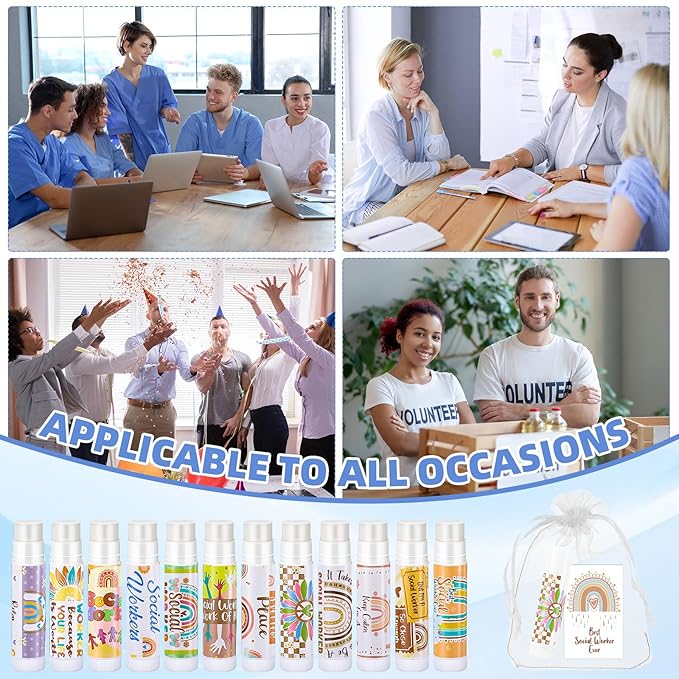 36 Set Social Worker Gift Bulk Lip Balm Inspirational Quote Tag Organza Bag School Social Worker Appreciation Gift for Women Employee Volunteer BSW NSW MS Valentine's Day Birthday Supplies