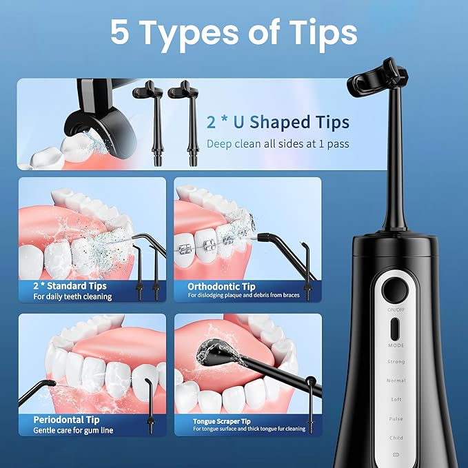 Cordless Water Flosser for Teeth, U-Shaped Flossing 360° Deep Clean, 5 Modes 7 Jet Tips for Adult & Child, Portable Rechargeable Dental Flosser Pick for Braces, Travel, 350ML Large Tank