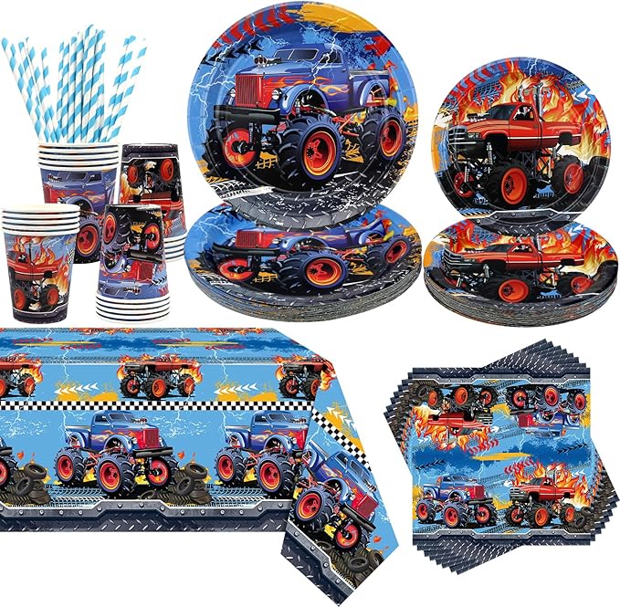 Monster Trucks Birthday Decorations - Monster Trucks Party Supplies including Plates, Cups, Napkins, Tablecloths for Boys - Serves 20 (6-20)