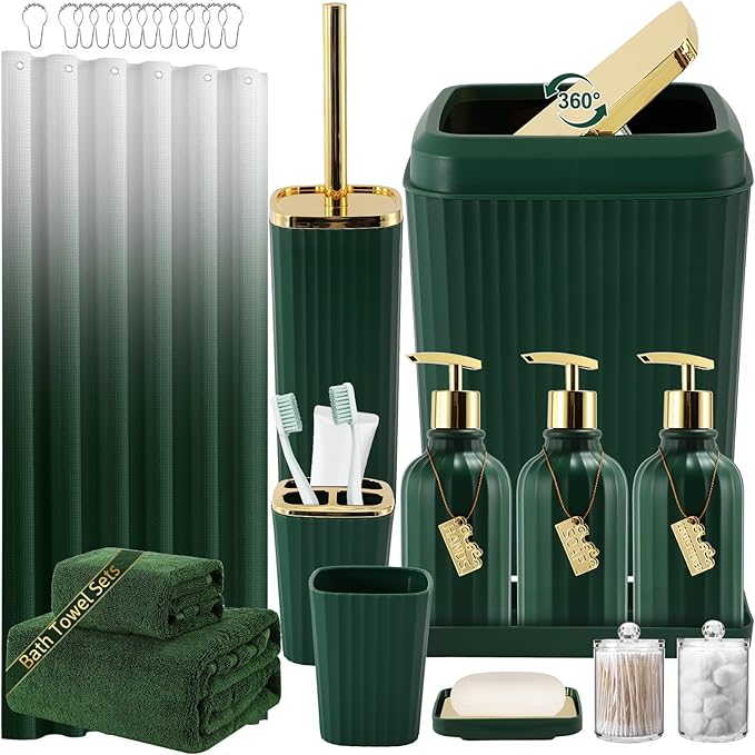 32PCS Bathroom Accessories Set Bathroom Set,Hunter Green Shower Curtain Set,Bath Towel Set,Hand Towel,Toilet Brush,Trash Can & 3PCS Soap Dispenser
