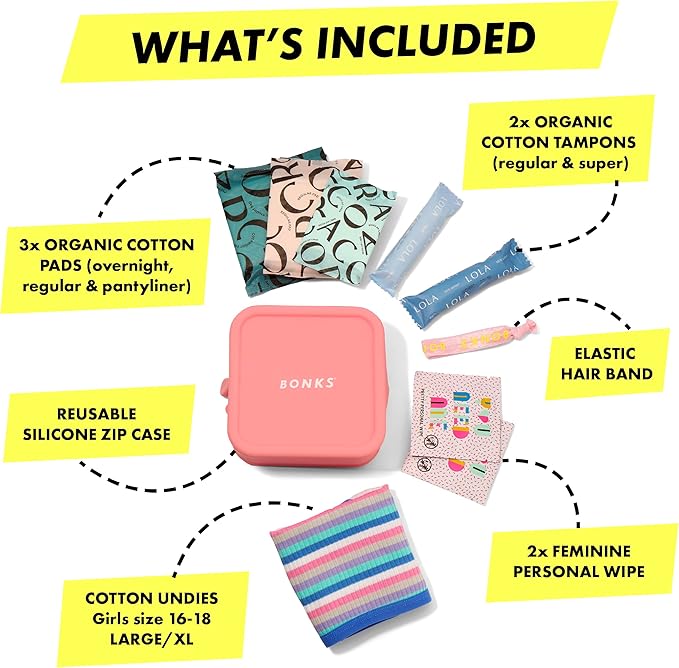 BONKS GoGo Kit - Teen Period Kit for Girls - Emergency Travel Hygiene Kit for Young Women - Includes Pads, Tampons, Underwear & More - L/XL (16-18)
