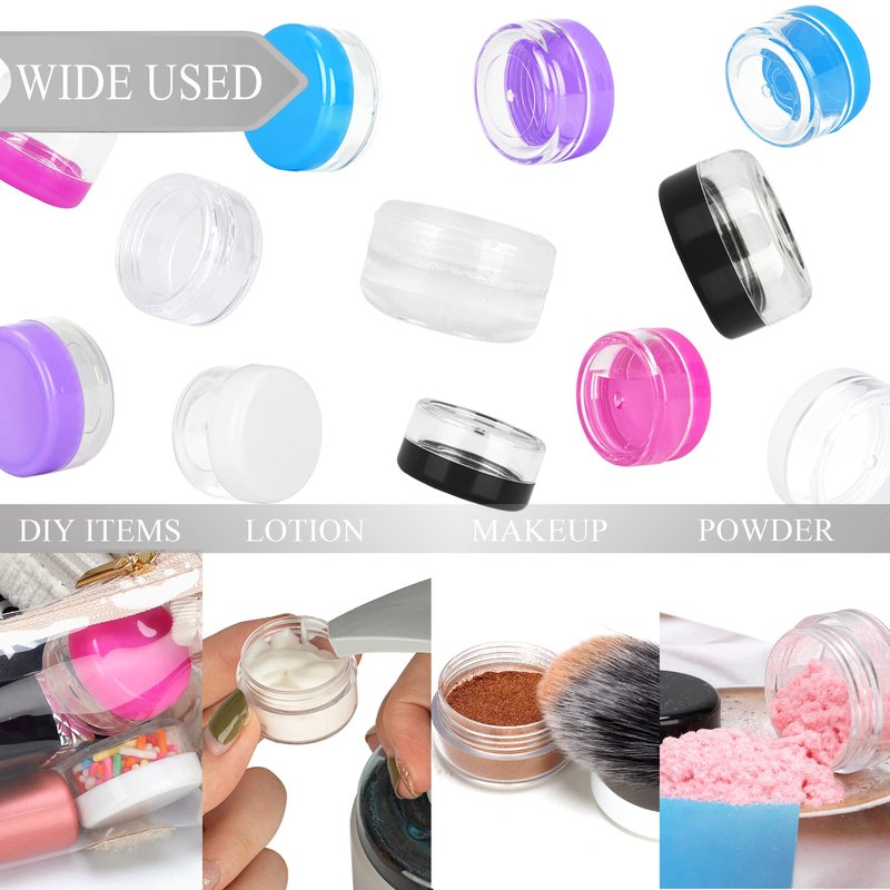 200PCS 3 Gram Sample Containers, 3ml Empty Jars with Lids, Small Cosmetic Containers, Mini Sample Jars with 16PCS Mini Spatulas for Make Up, Oils, Lotion, Powder, Paint, Jewelry, Lip Balms(Black Lid)