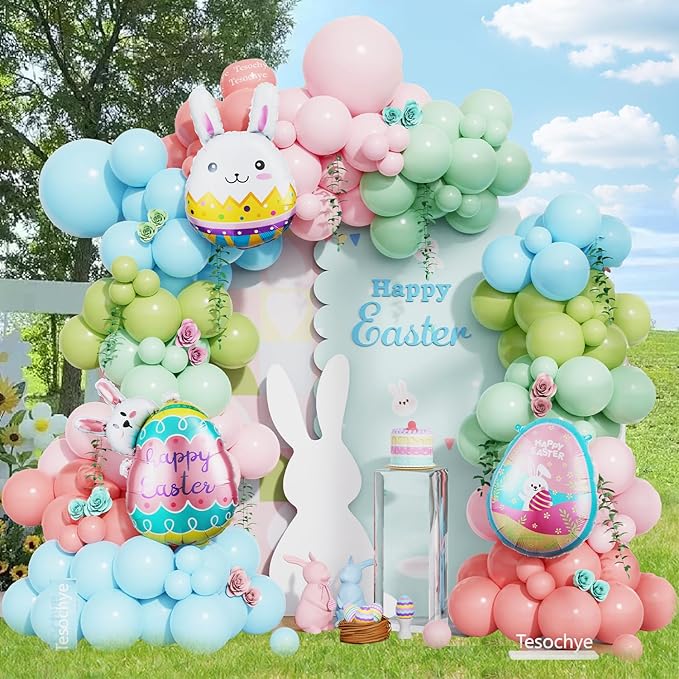 148Pcs Easter Pastel Balloon Garland Arch Kit, Pastel Pink Light Blue Green Balloons with Bunny Rabbit Egg Foil Balloons for Easter Birthday Party Bunny Hunt Spring Baby Shower Decorations