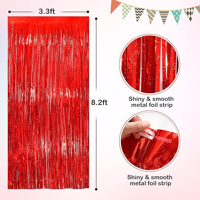 Red Metallic Tinsel Foil Fringe Curtains, 2 Pack 3.3x8.3 Feet Party Streamer for Birthday Party Decorations, Valentines Day Decorations, Foil Curtain for Wedding